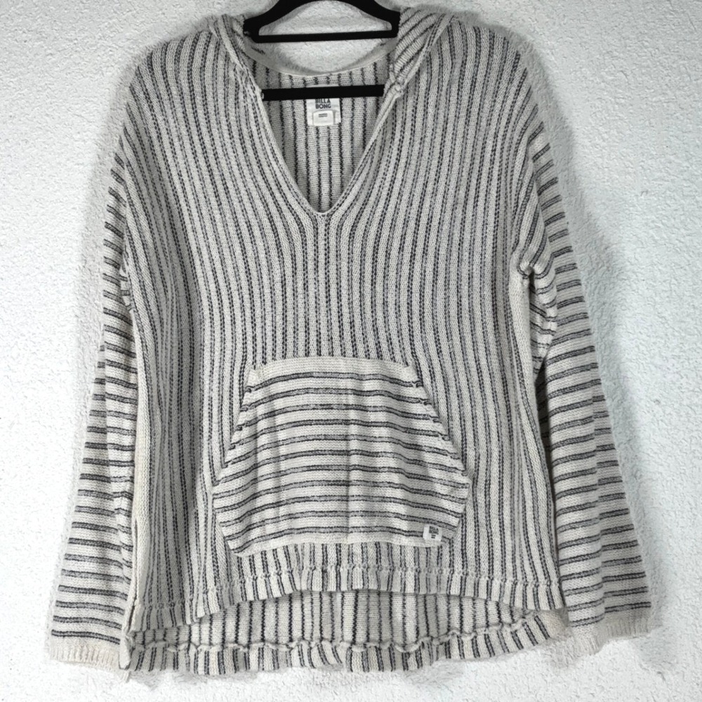 Billabong White Striped Knit Baja Hoodie - Medium - V-Neck Beach Boho Surf